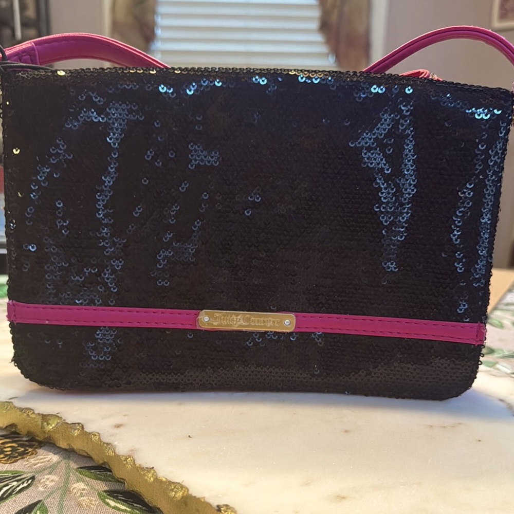 Juicy Couture Black Sequin Bag with hot pink interior Crossbody